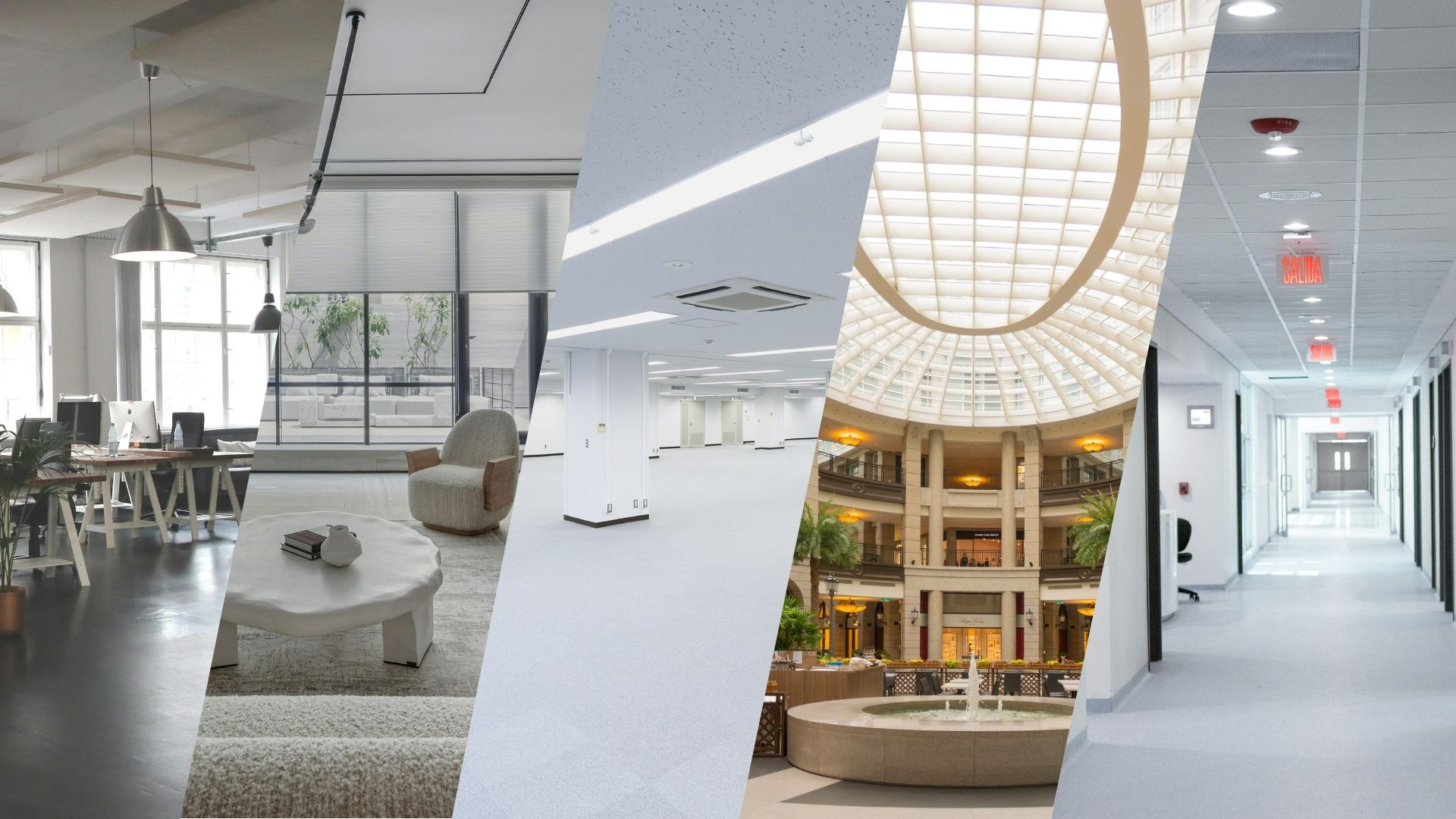 Panoramic view of a modern smart office interior hallway